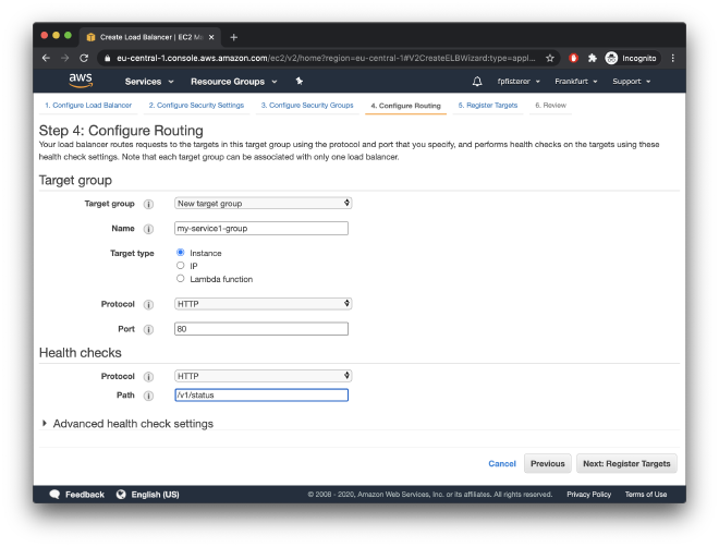 target group and health check settings in the console